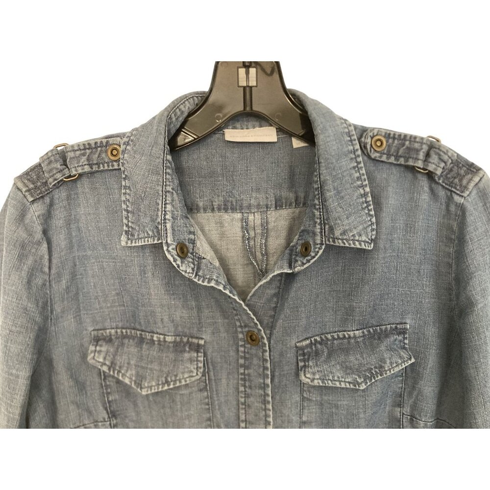 New York & Company Women's Medium Light Blue Snap up Denim Shirt With Epaulettes - Picture 2 of 10